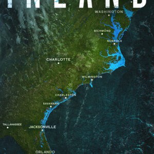 Book cover for "Inland" by Kate Risse featuring a map of the eastern U.S. coast.