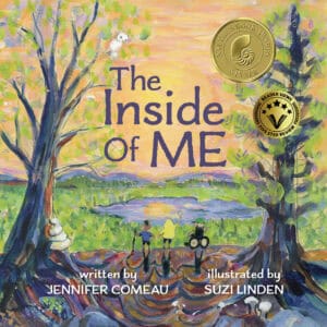 Children's book cover illustration with trees, a lake, and children exploring nature.