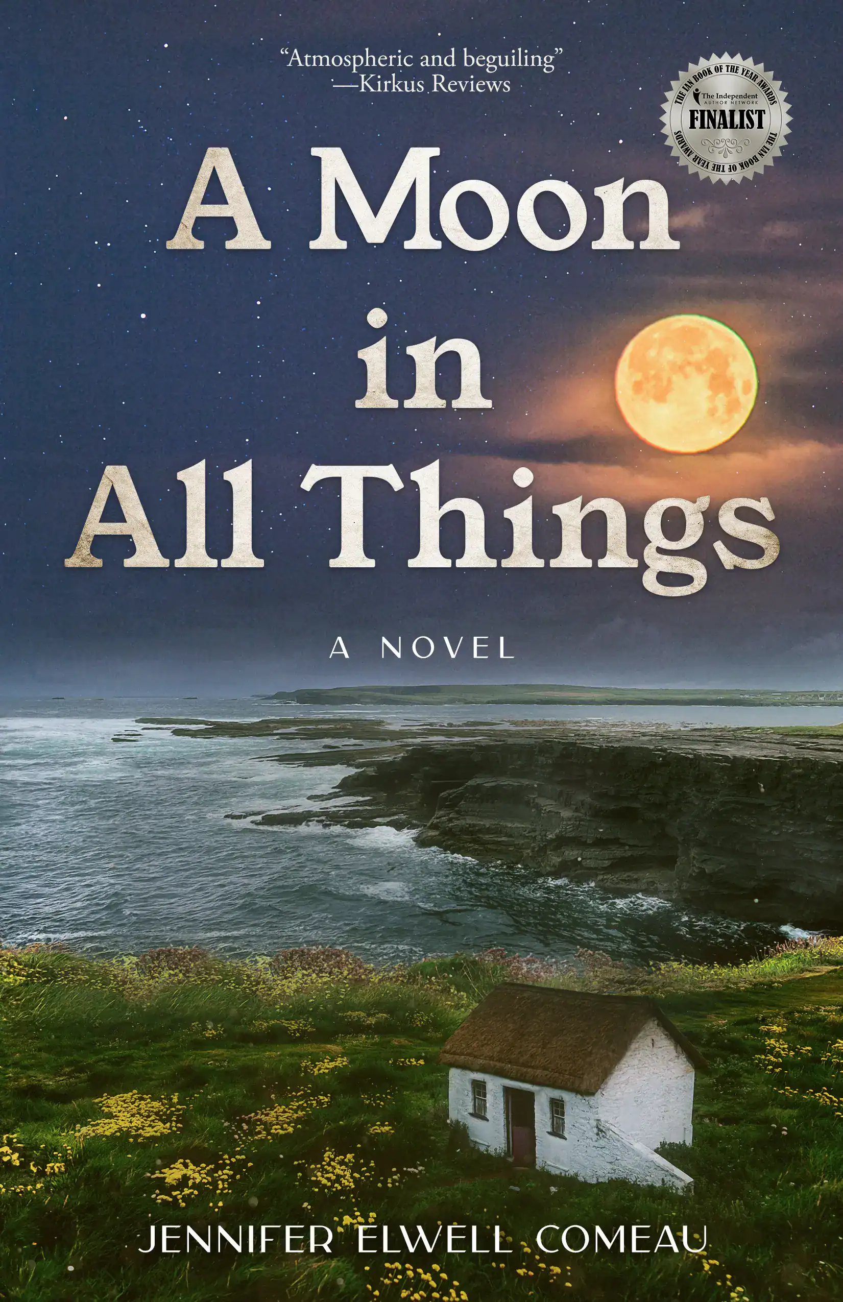 Moonlit coastal landscape with a small house and vibrant sky.