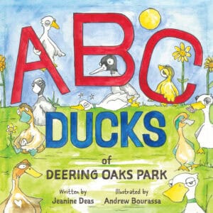 Colorful children's book cover featuring ducks and alphabet letters at Deering Oaks Park.