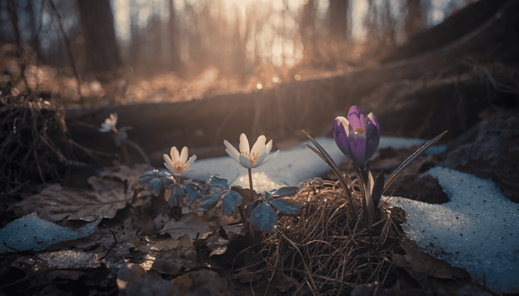 Wildflowers blooming in early spring in a forest landscape.